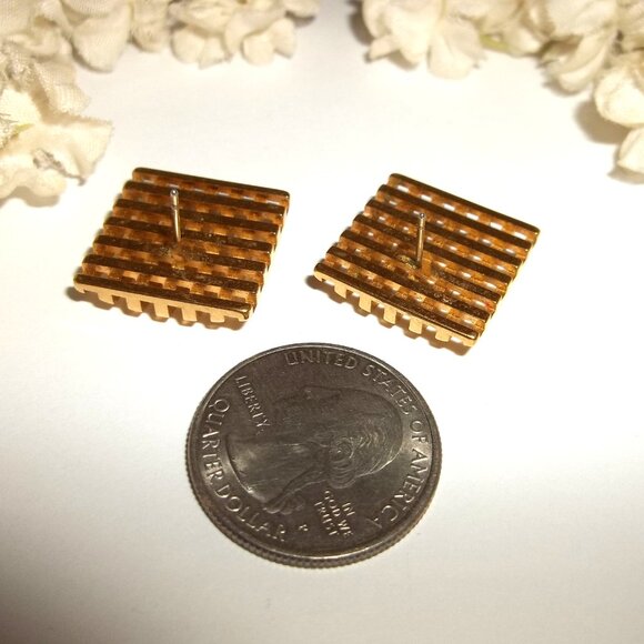 Gold Earrings Vintage Retro Square Set Pair Jewelry Woman 80s Style Fashion D157 - Picture 3 of 4